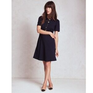 Boden Nicolette Ponte Shirt Dress Navy Blue Contrast Stitch US 12L Long D1414